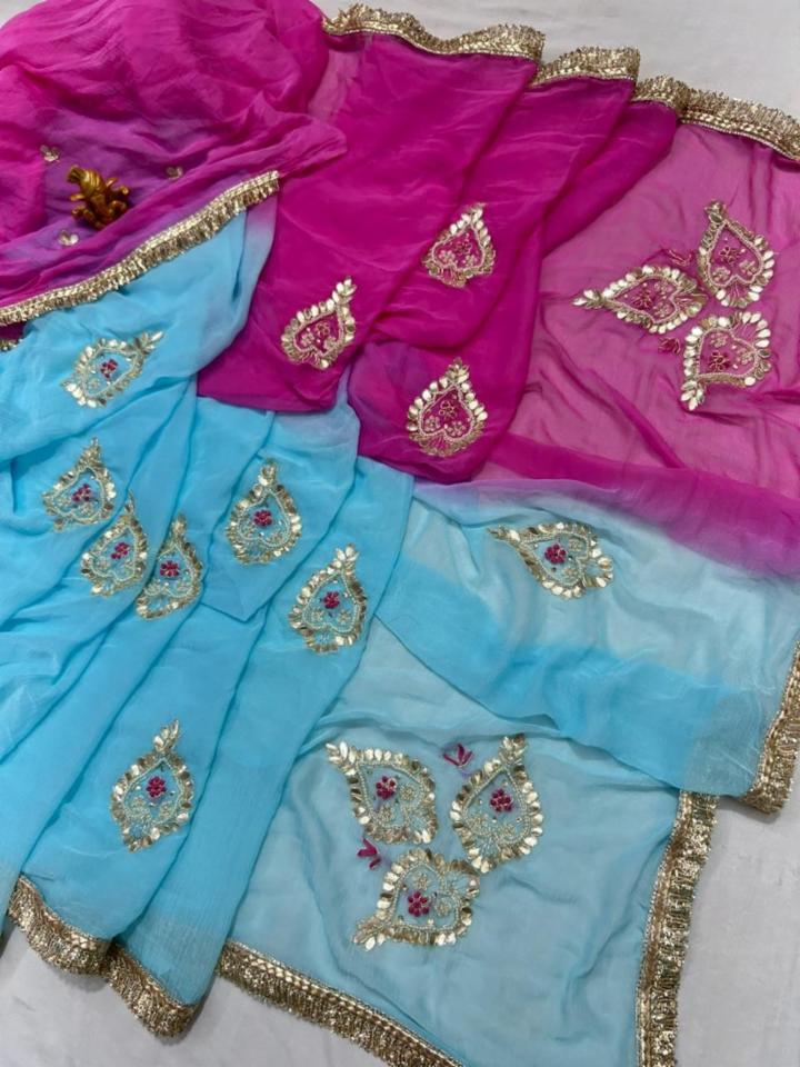 Half Pure Chiffon Saree with Handwork Motifs and Contrast Blouse