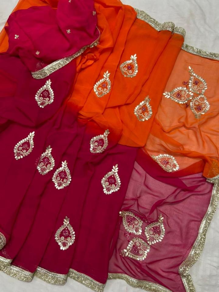 Half Pure Chiffon Multicolor Handwork Motifs Saree with Contrast Blouse