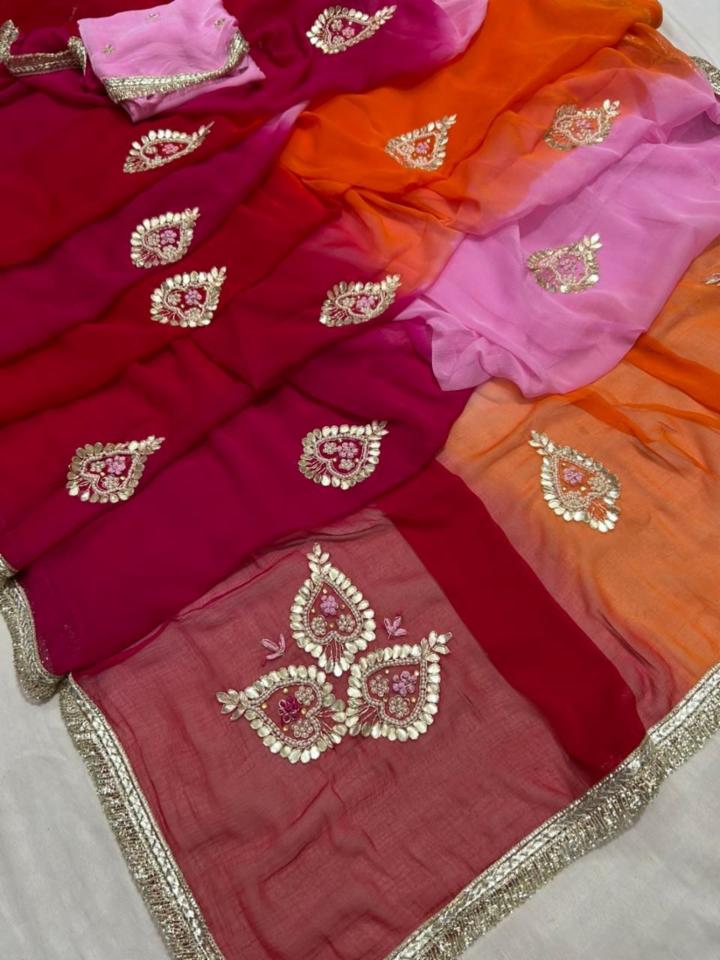 Half Pure Shiffon Gota Patti Handwork Saree Multi Shaded with Contrast Blouse
