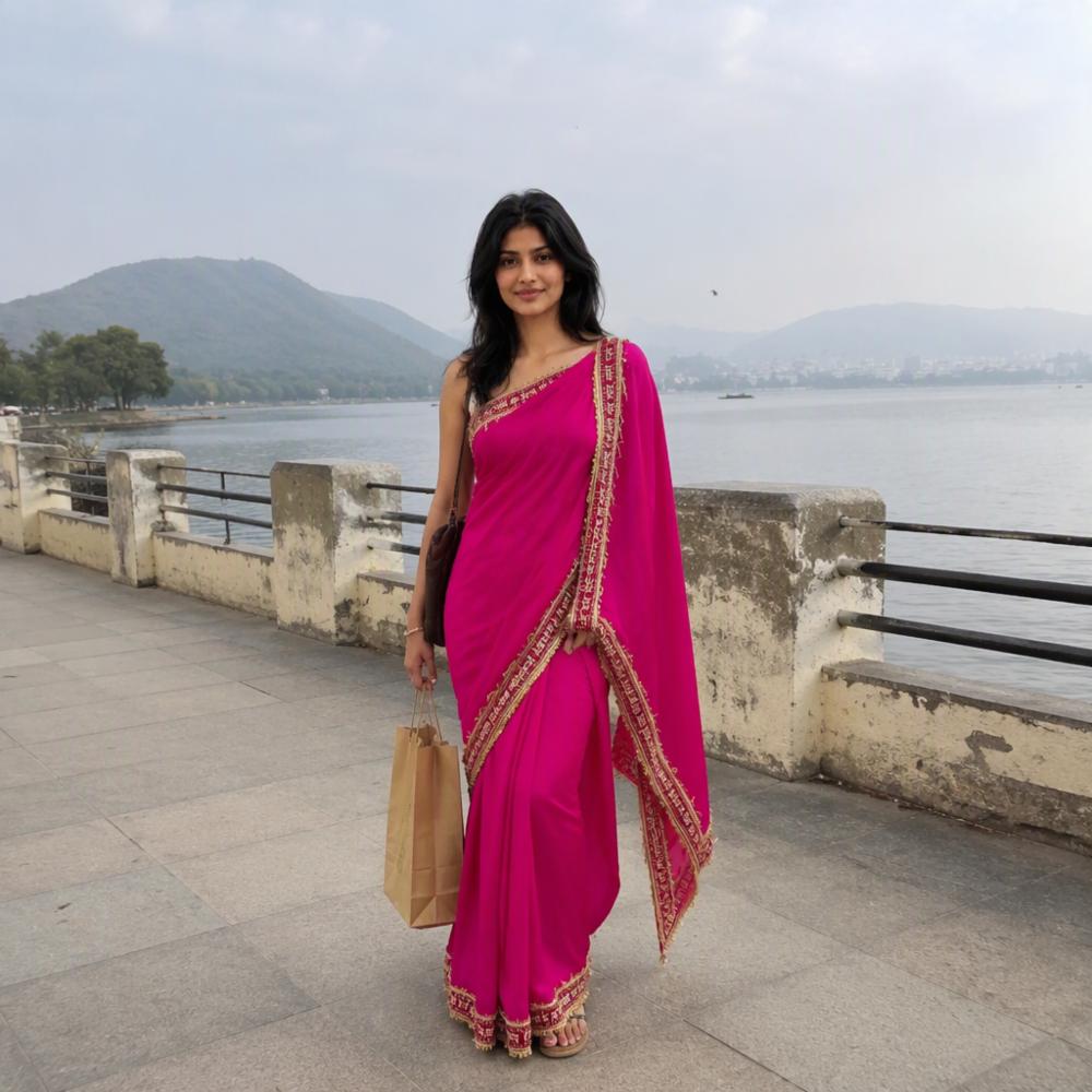 Rani Pink Net Saree with Golden Zari Work and Blouse Piece