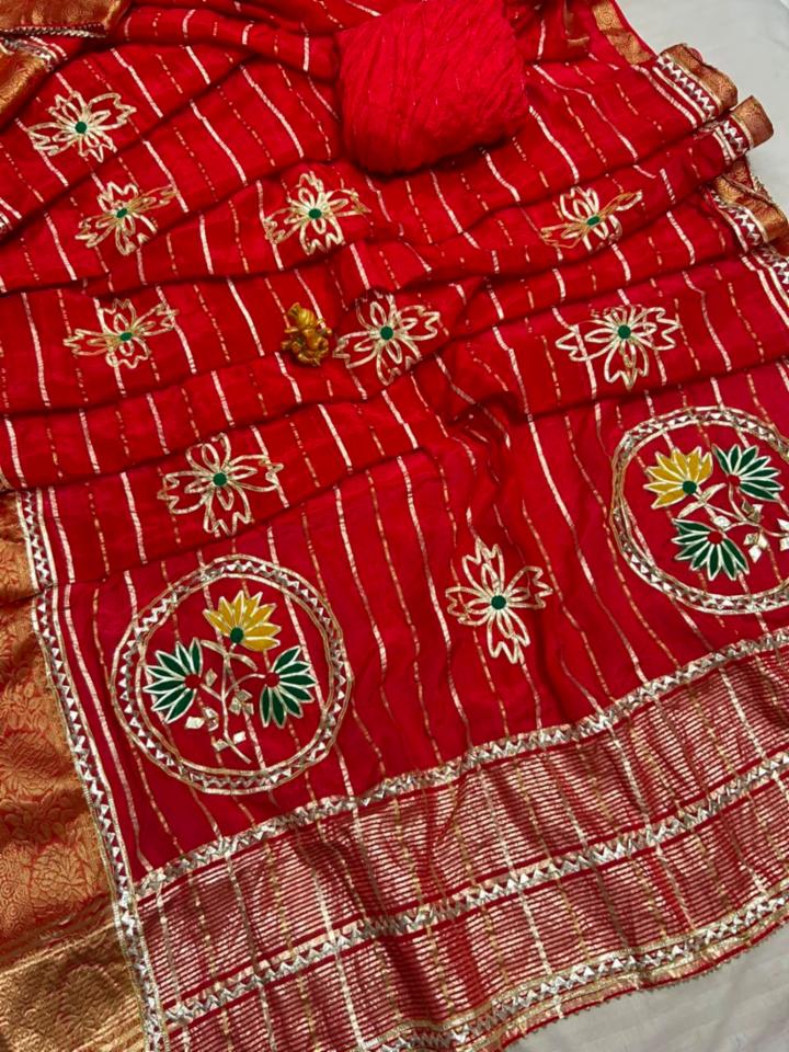 Pure Dola Silk Zari Saree with Kaccha Gota Work and Upada Silk