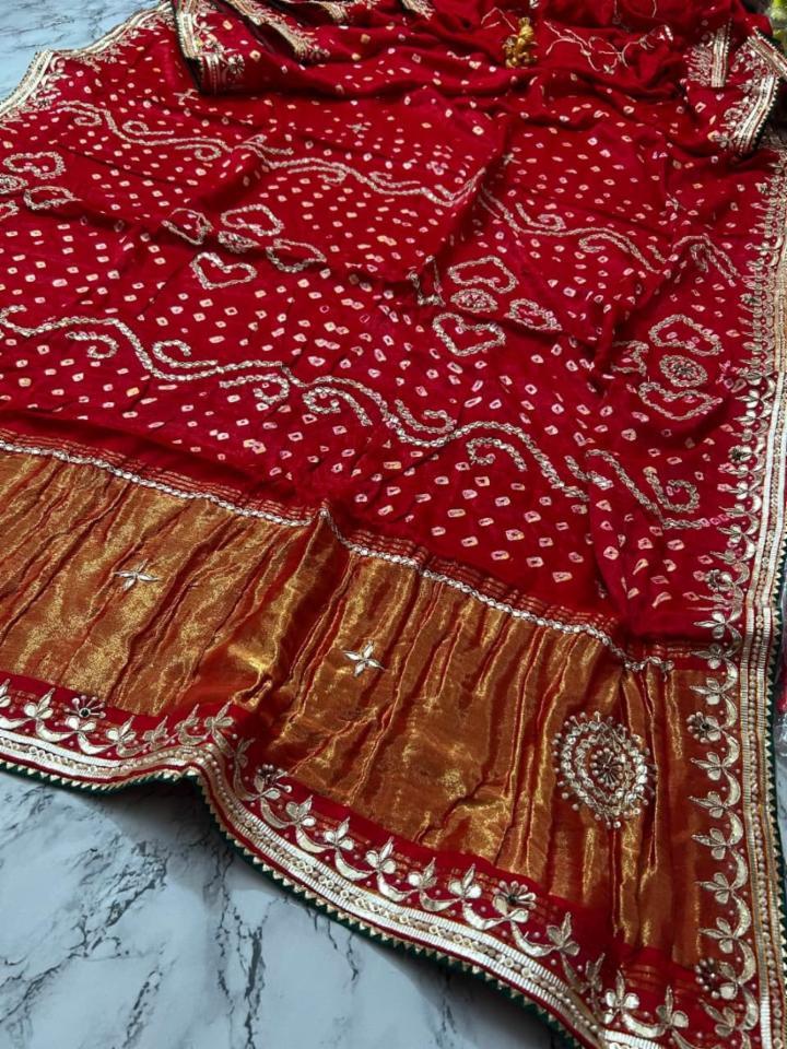 Pure Modal Gajji Silk Red Saree with Heavy Hand Gota Patti Work