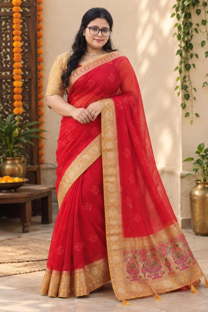 Premium Red Organza Saree with Golden Woven Border & Jacquard Blouse
