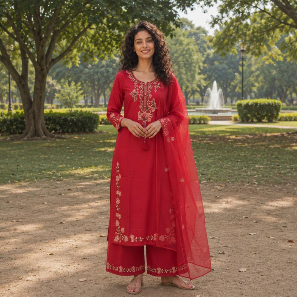 Womenâs Cotton Embroidery Kurta Set with Pant and Dupatta