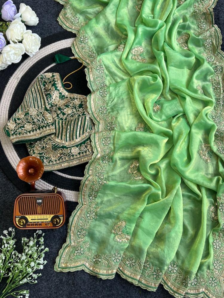 Satin Saree with Embroidery and Sequin Work, Heavy Border, Stitched Blouse!