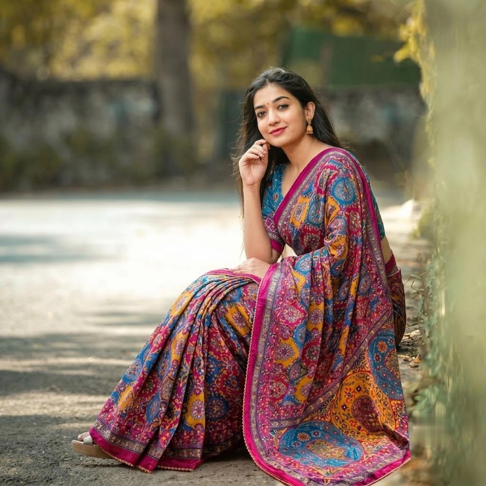 Soft Chinnon Printed Saree with Katdana Sequins, Mirror and Diamond Work