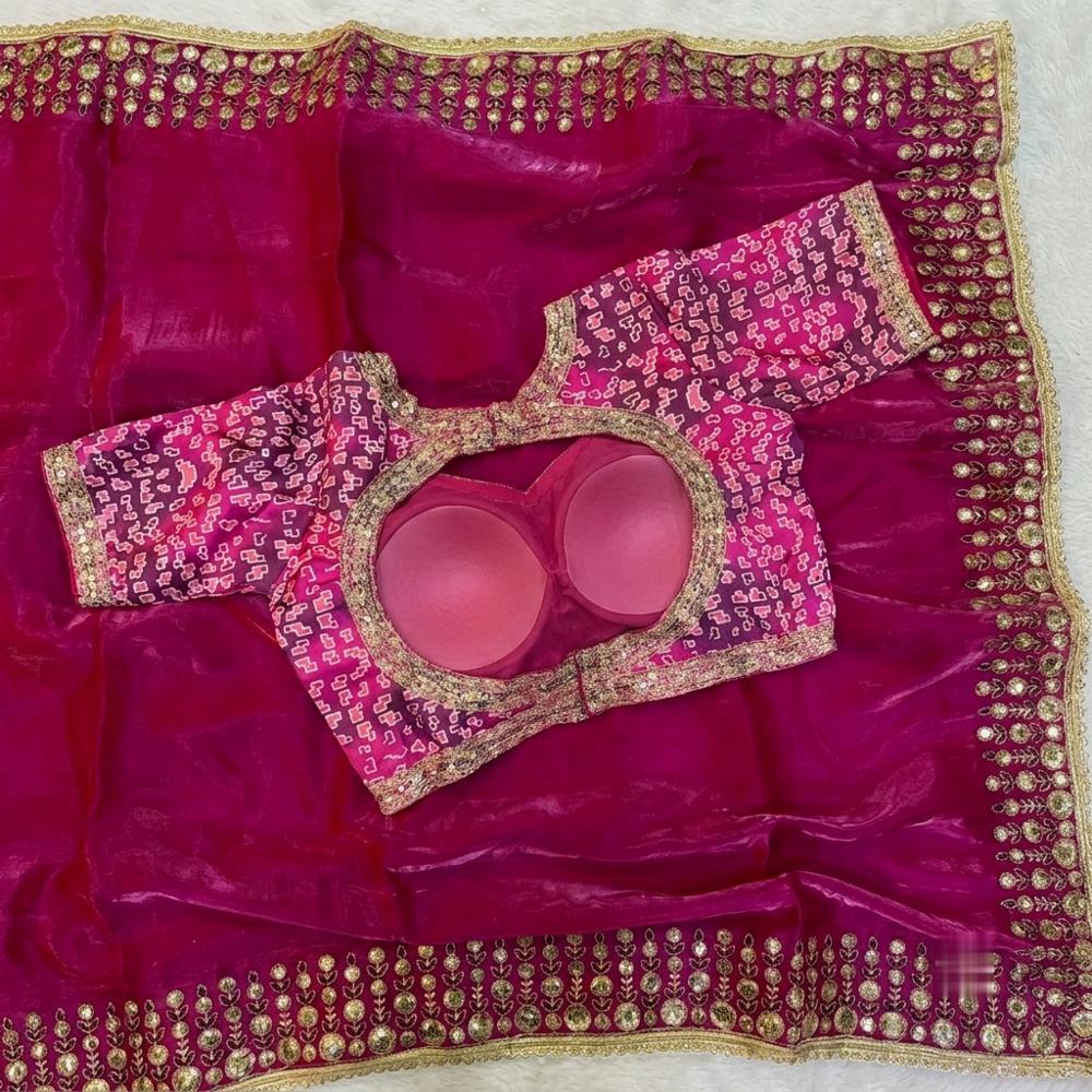 Soft Jimmy Satin Sequence Embroidery Work Saree with Lace Border