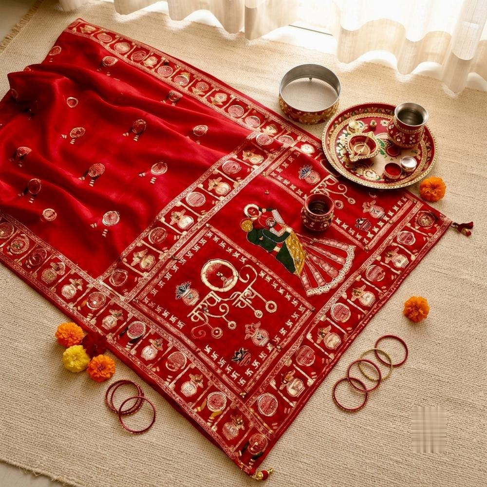 Karwa Chauth Dola Silk Mirror Work Saree with Handwork and Blouse