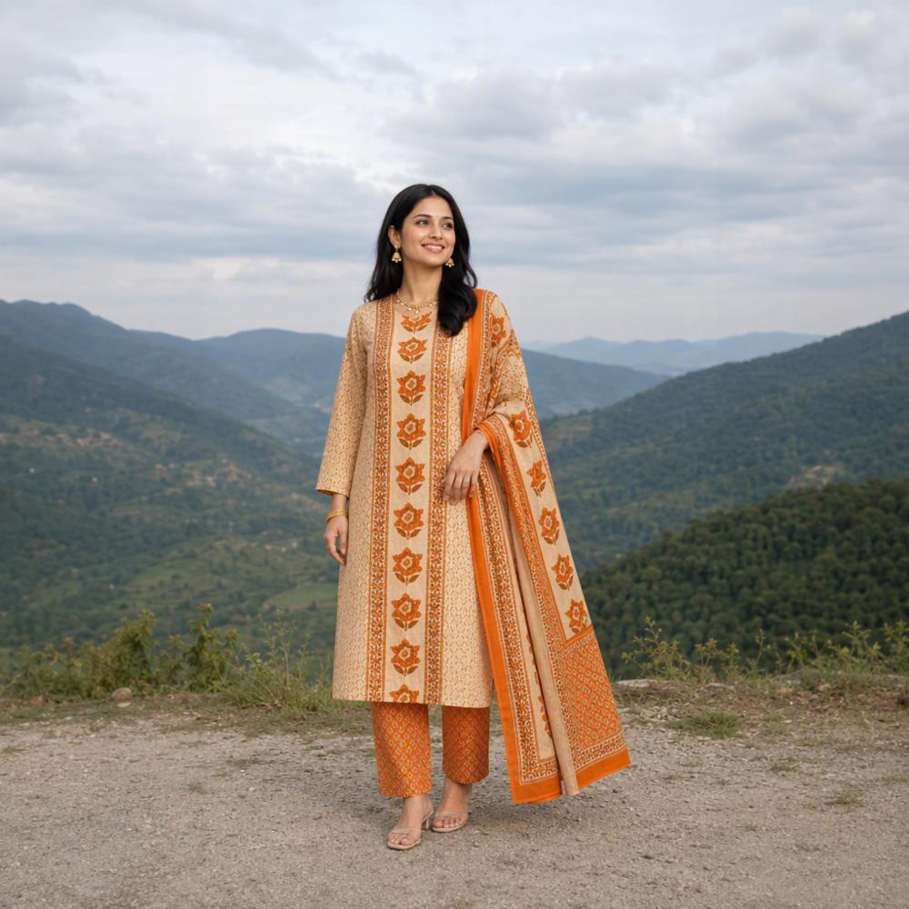 Floral Motif Printed Cotton Kurti Set with Pant & Dupatta