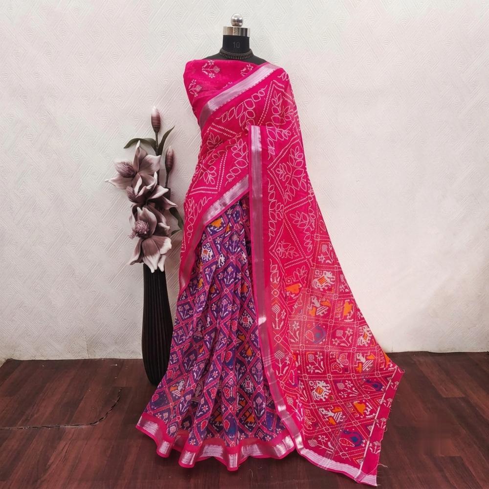 Soft Linen Saree with Mangalagiri Border and Digital Print Blouse