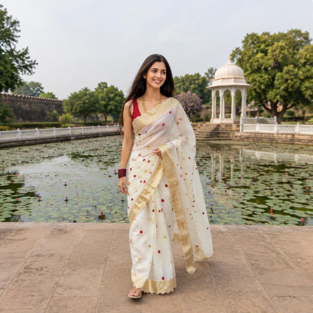 Linen Saree with Gold Jari 5x5 Border and Digital Print