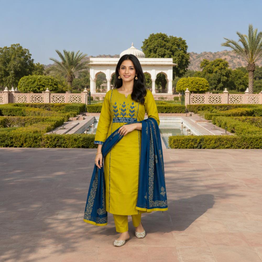 Cotton Kurti Pant Dupatta Set with Mirror and Block Print Work