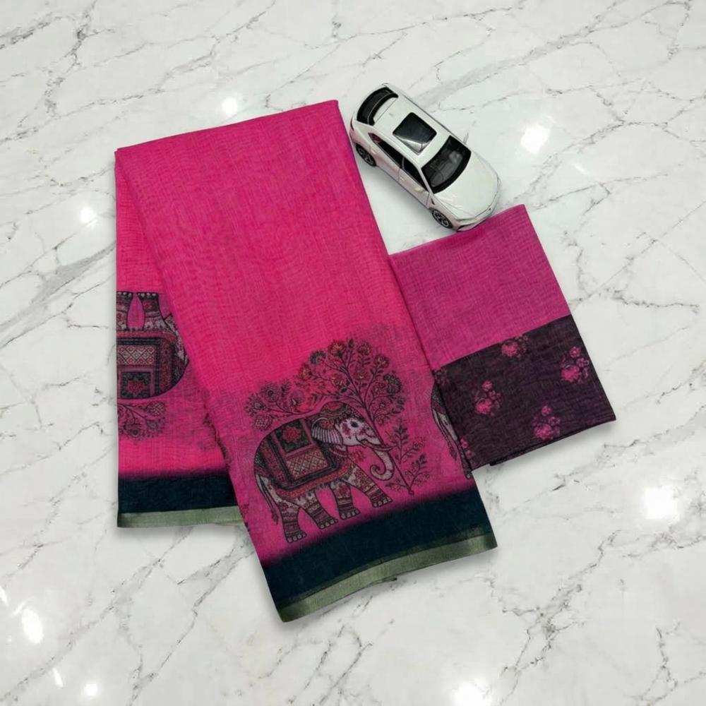 Soft Linen Digital Print Saree with Gold Zari Border and Matching Blouse