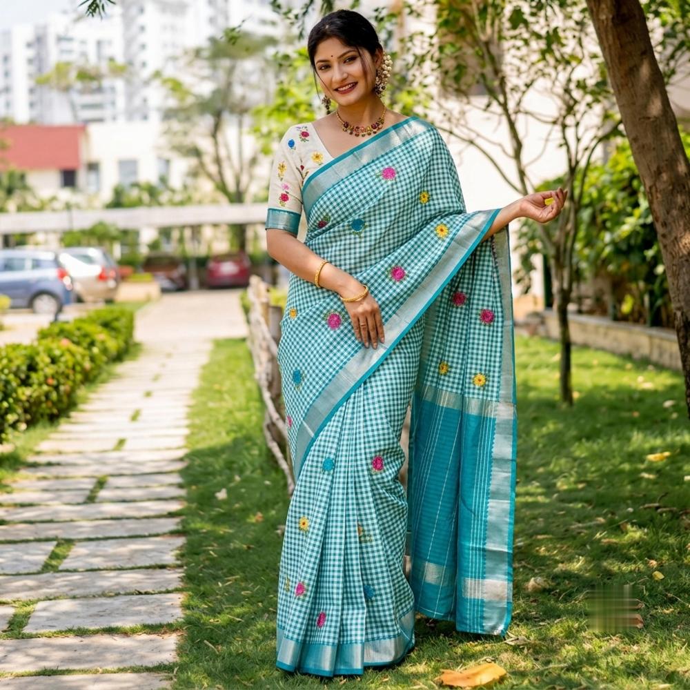 Soft Linen Saree with Mangalagiri Border and Digital Print Blouse