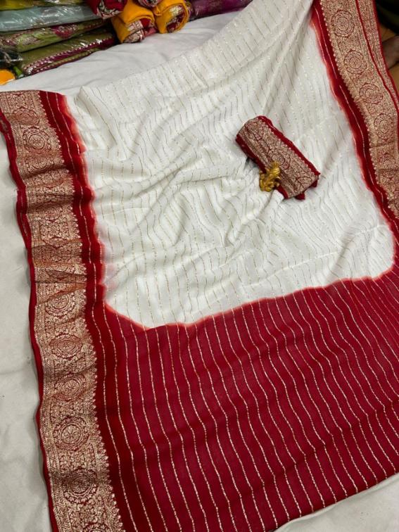 Pure Georgette Viscose Zari Fabric Saree with Red Blouse