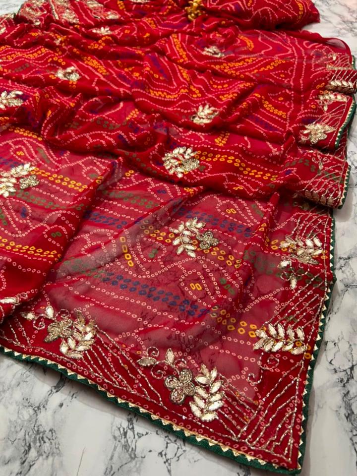 60gm Synthetic Georgette Saree with Heavy Handwork Border and Contrast Green Blouse