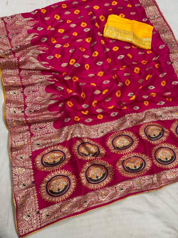 Pure Rasian Silk Zari Fabric Saree with Zari Border & Contrast Blouse