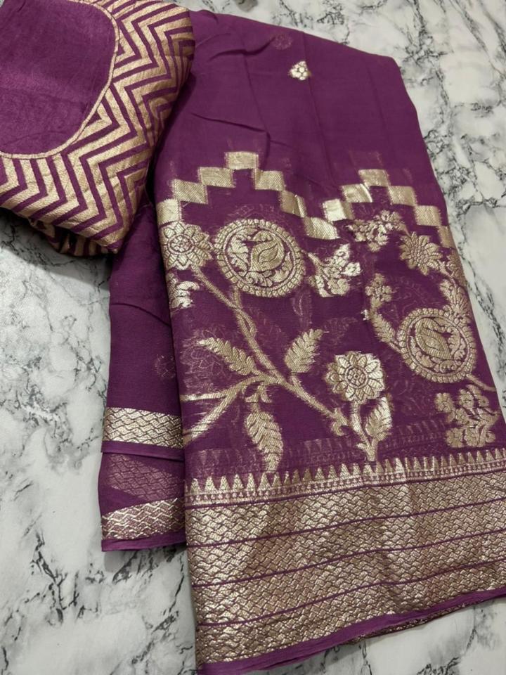 Pure Georgette Viscose Zari Saree with Upada Silk Blouse