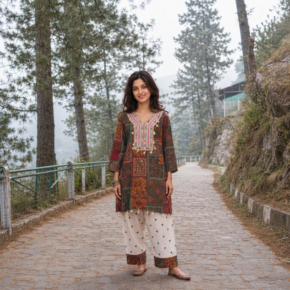 Womenâs Jaipuri Printed Cotton Blend Farsi Suit with Mirror Work