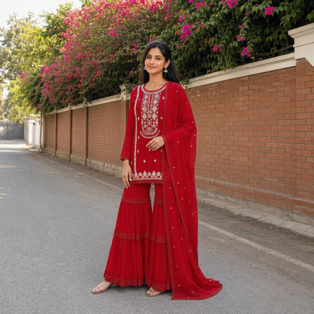 Faux Georgette Sharara Set with Sequins & Thread Work