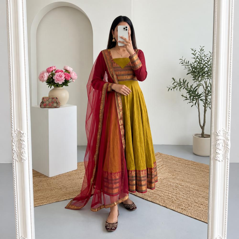 Vichitra Silk Gown with Jacquard Zari Border & Net Dupatta