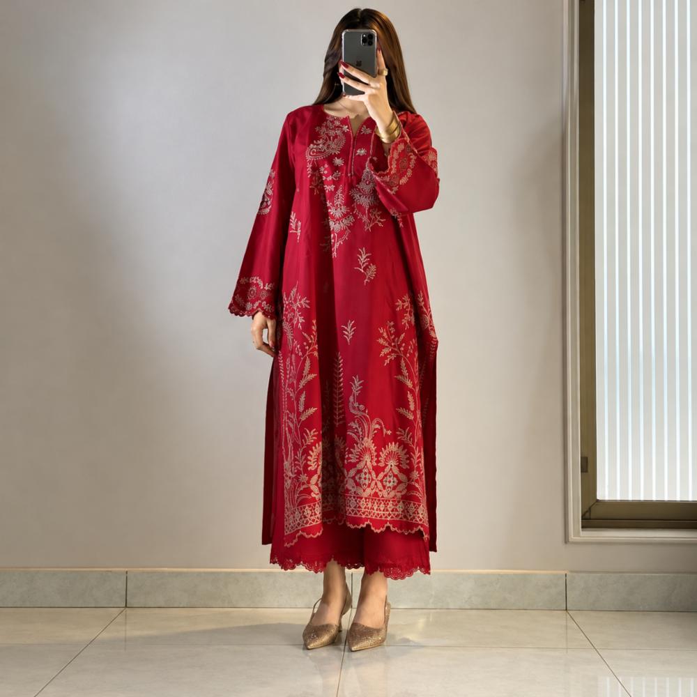 Mul Chanderi Kurti Plazzo Dupatta Set with Embroidery Work