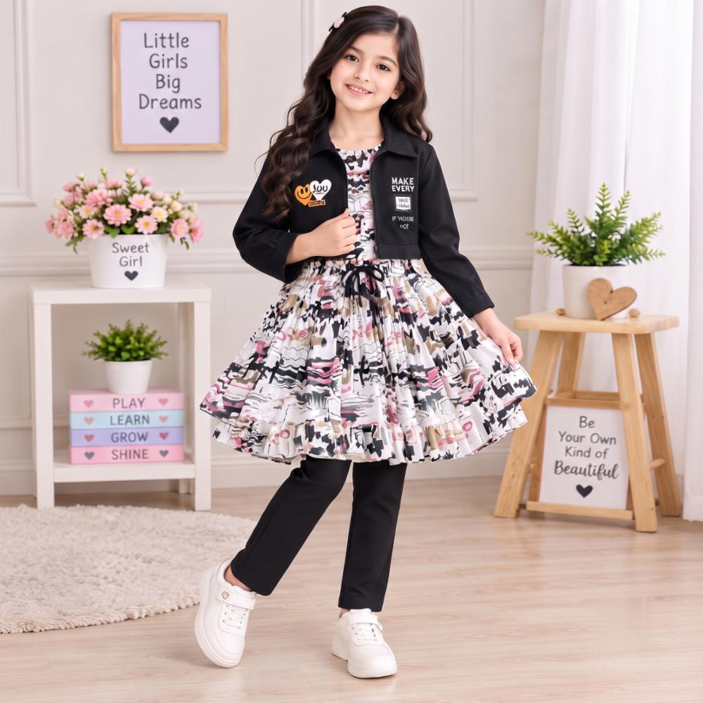 Girls' Western 3-Piece Dress Set with Printed Frock, Jacket & Pant
