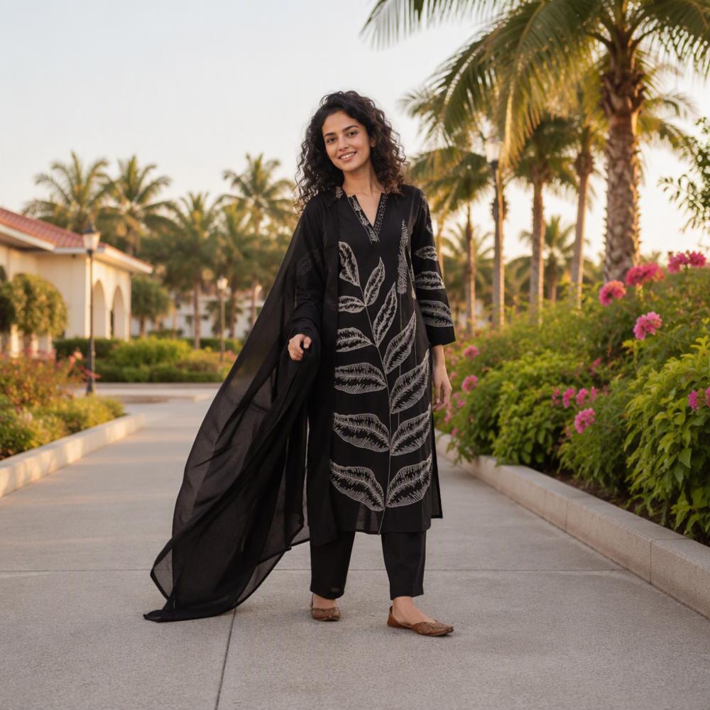 Women's Cotton 60*60 Kurta, Pant, and Dupatta Set with Discharge Print