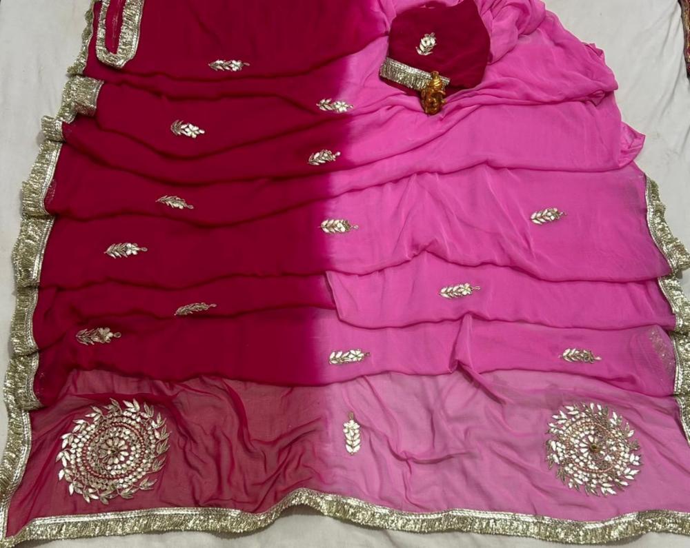Half Pure Chiffon Hand Gota Patti Multi Shaded Saree