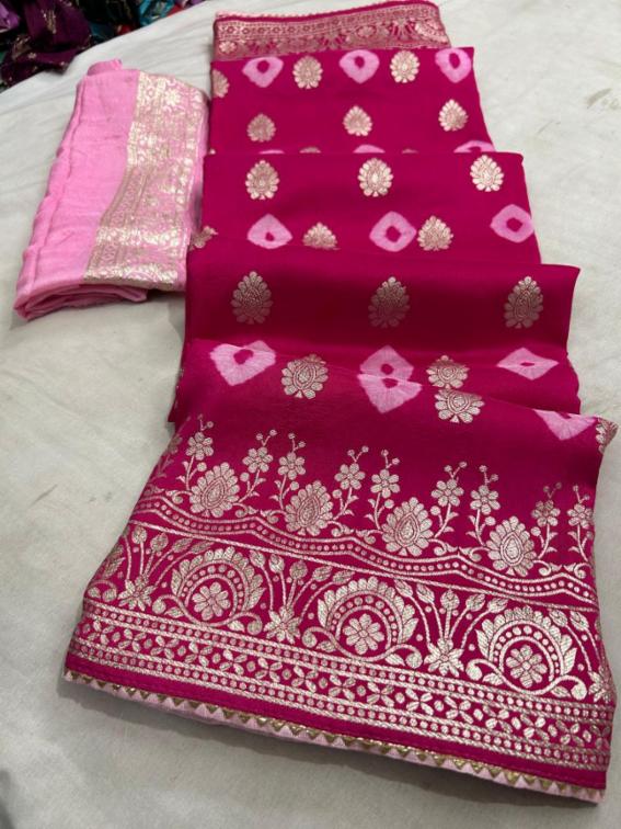 Pure Rasia Silk Zari Saree with Handmade Bandhej and Contrast Blouse
