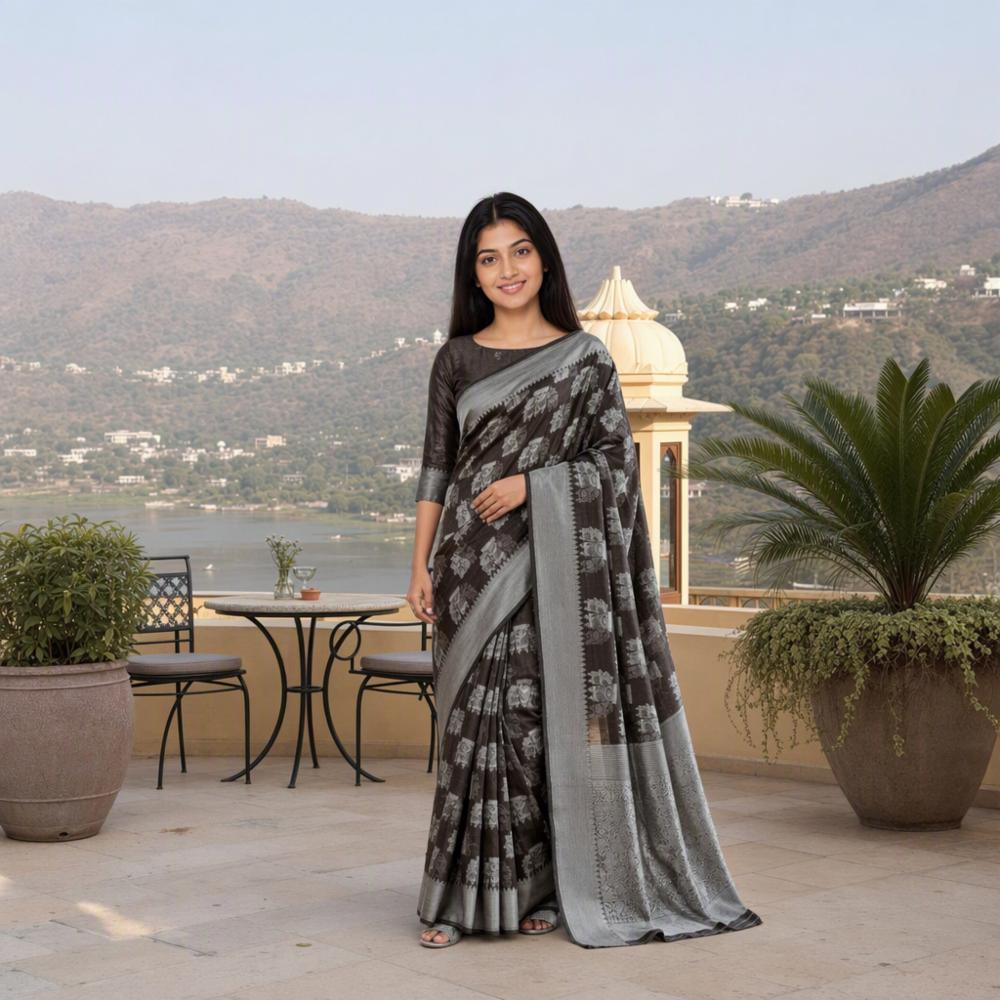 Grey Soft Thread Woven Saree with Antique Silver Border