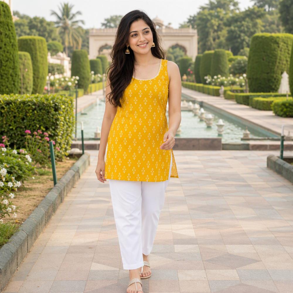 Women Yellow Printed Sleeveless Short Kurti