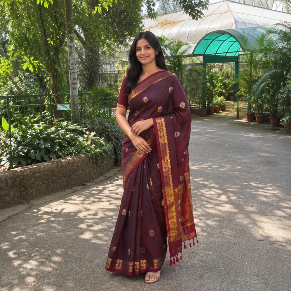 Wine Maroon Semi Katan Silk Saree with Multicolor Floral Butti