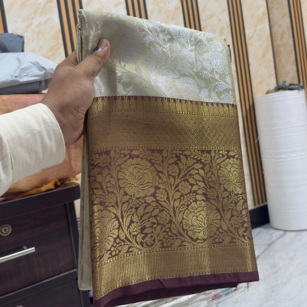 Cream Silk Saree with Antique Golden Zari Border and Wine Contrast