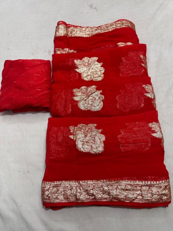 Pure Georgette Viscose Zari Saree with Rose Design and Upada Silk
