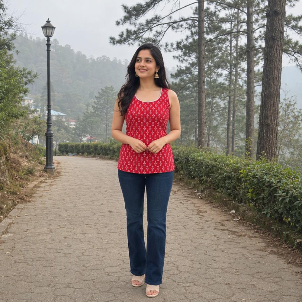 Women's Red Cotton Ethnic Printed Crop Kurti