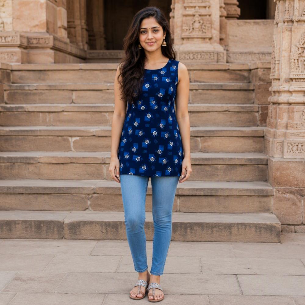 Navy Blue Floral Printed Sleeveless Short Kurti Top