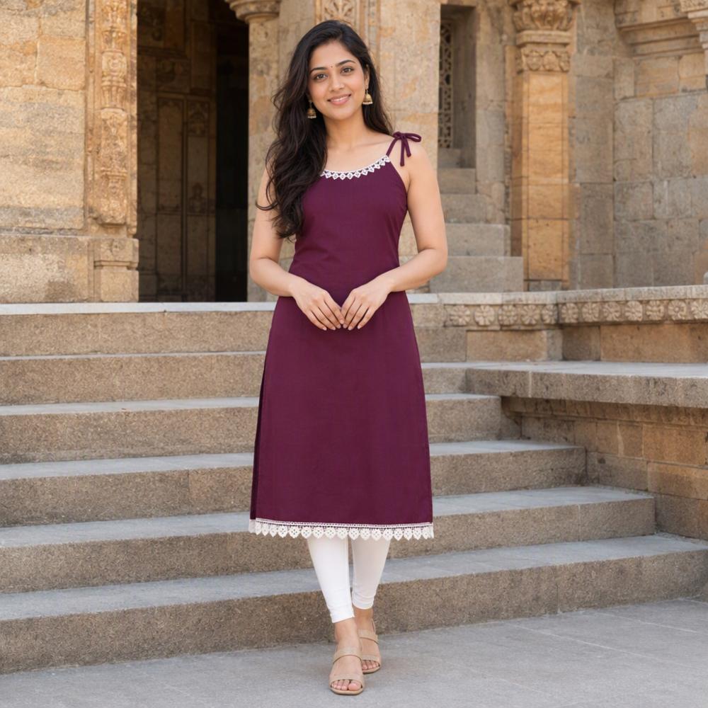 Women's Sleeveless Solid Rayon Kurti with Lace Neck & Hem