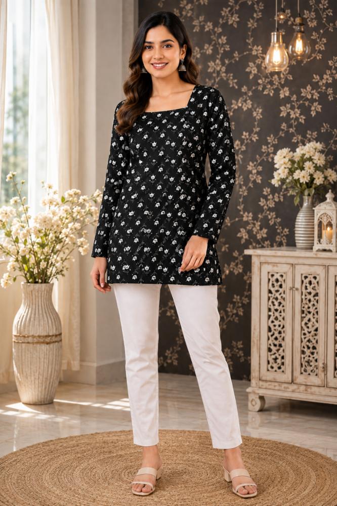 Black Rayon Floral Printed Long Sleeve Kurti for Women