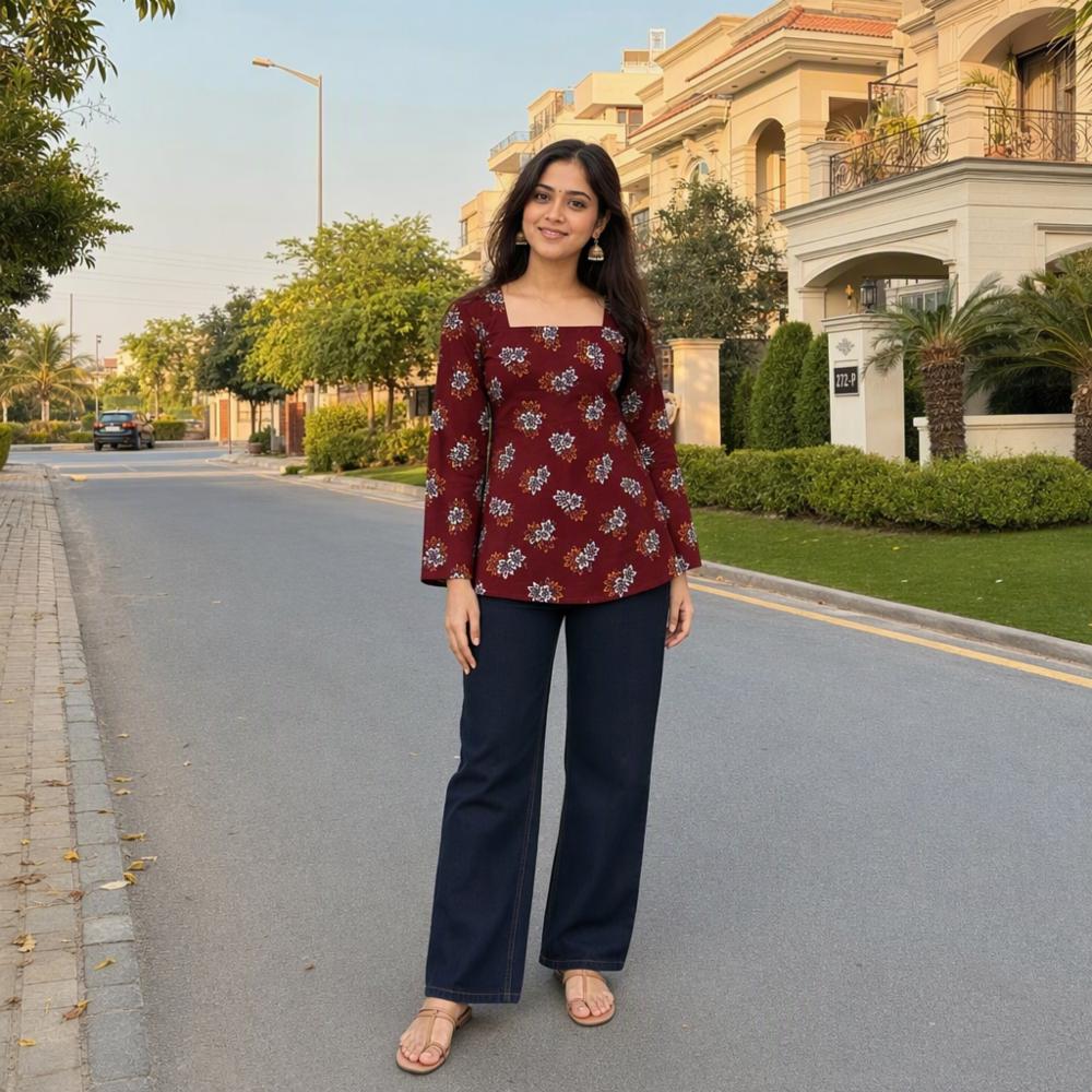 Women Rayon Floral Printed Long Sleeve Kurti