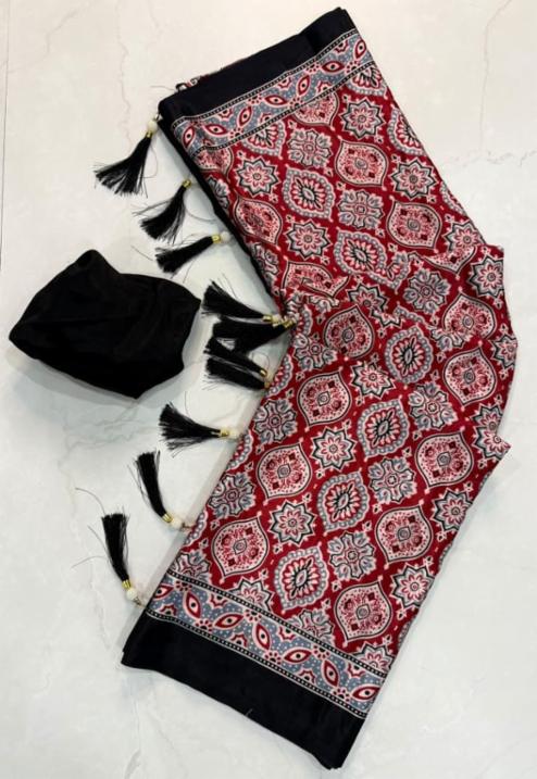 Womenâs Crepe Silk Saree with Traditional Ajrakh Print