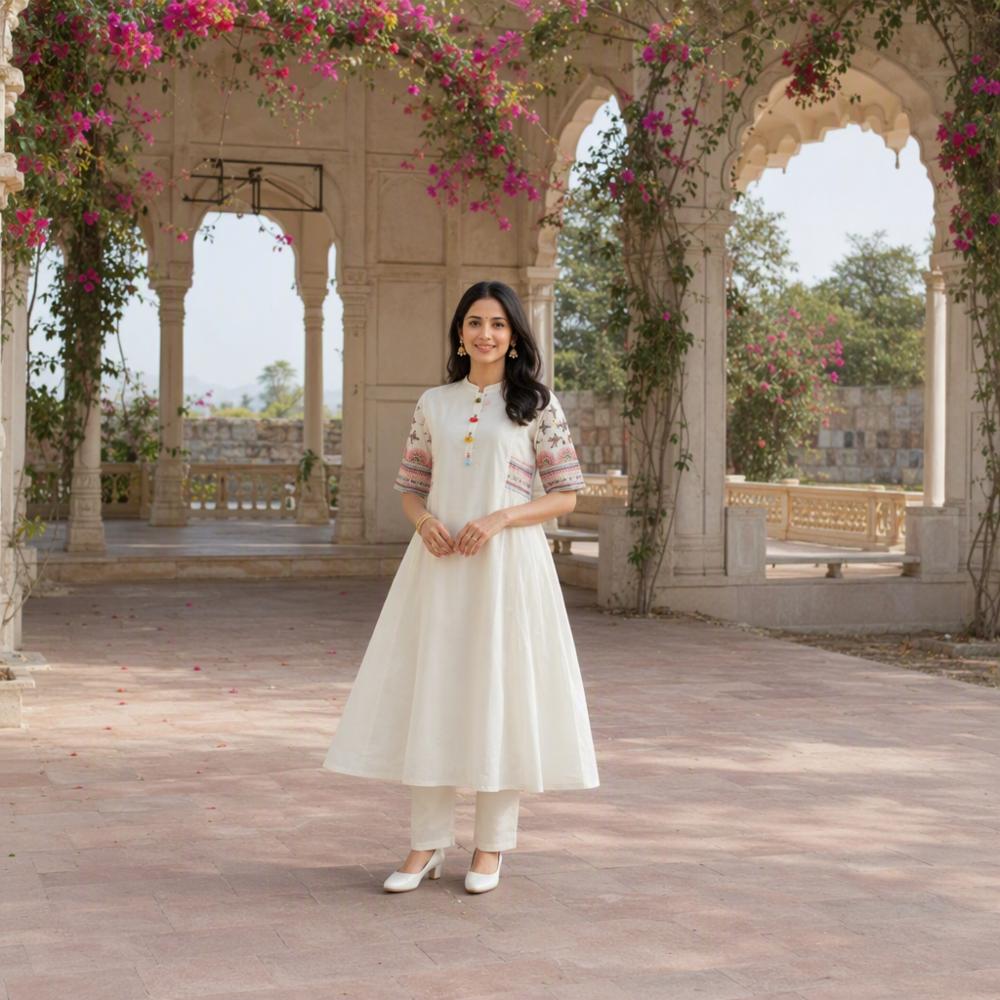 Cotton A-line Kurta Set with Sequin Embroidery and Pant