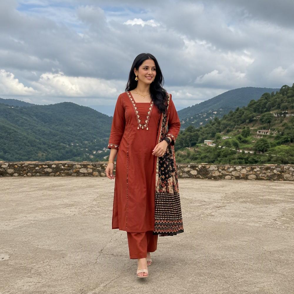 A-Line Cotton Suit Set with Embroidery and Pocket