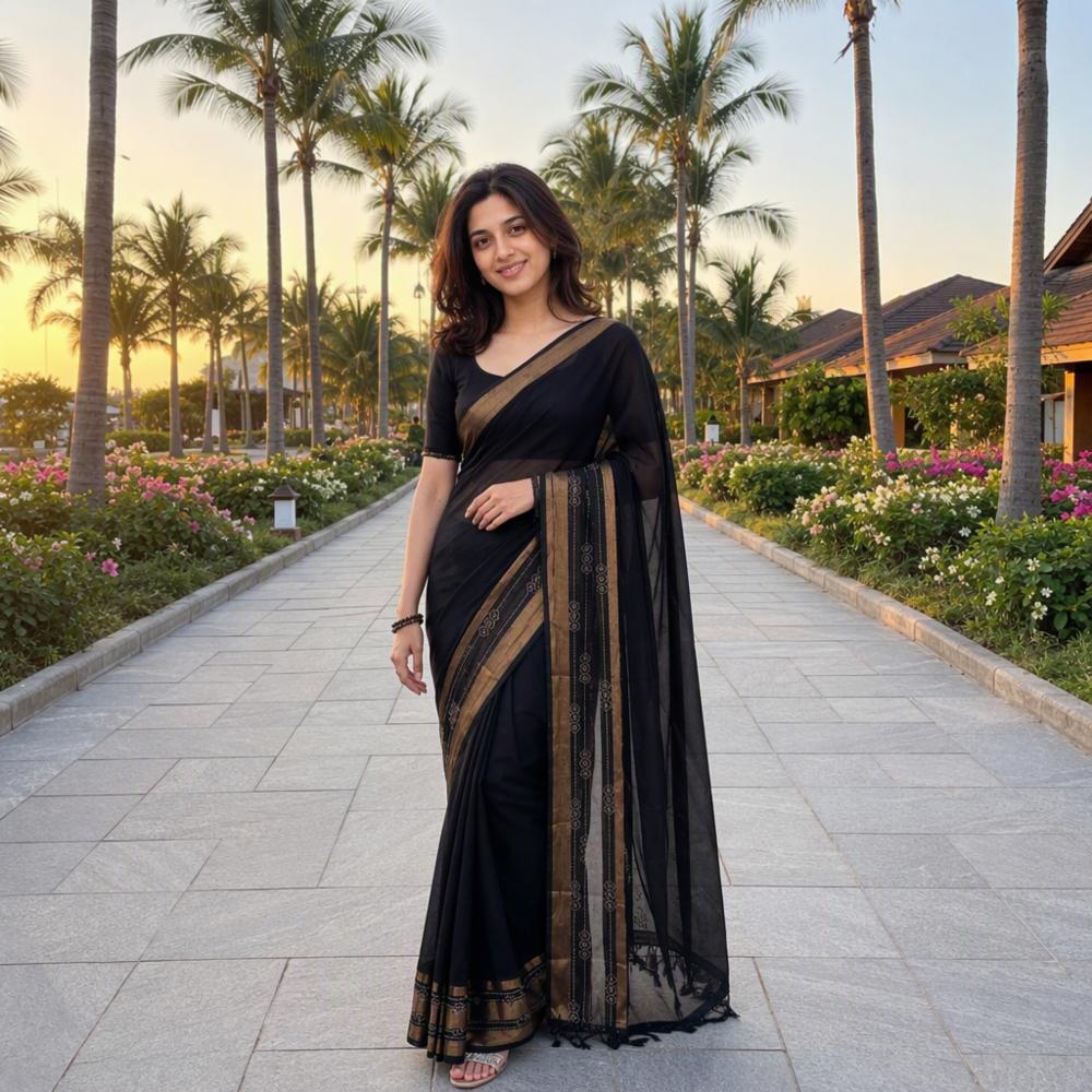 Elegant Black Georgette Saree with Golden Border & Designer Pattern