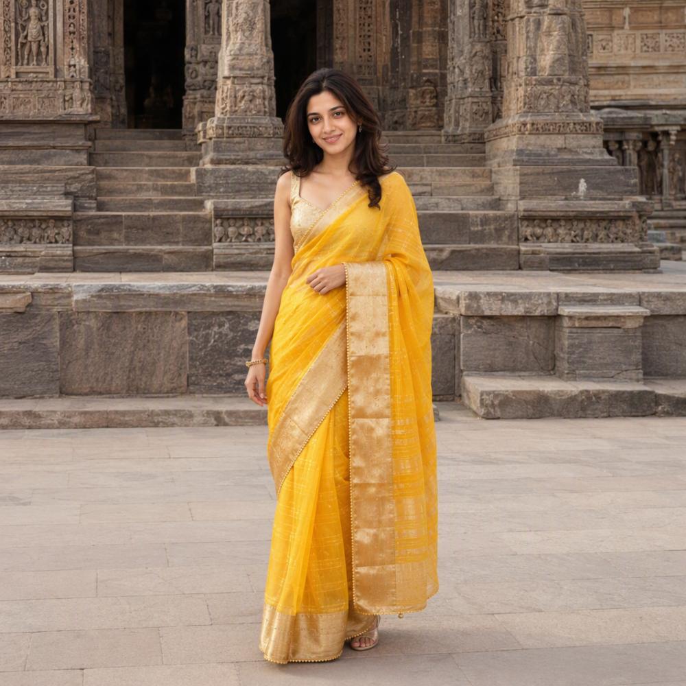 Mustard Yellow Organza Saree with Mirror, Stone & Beads Work
