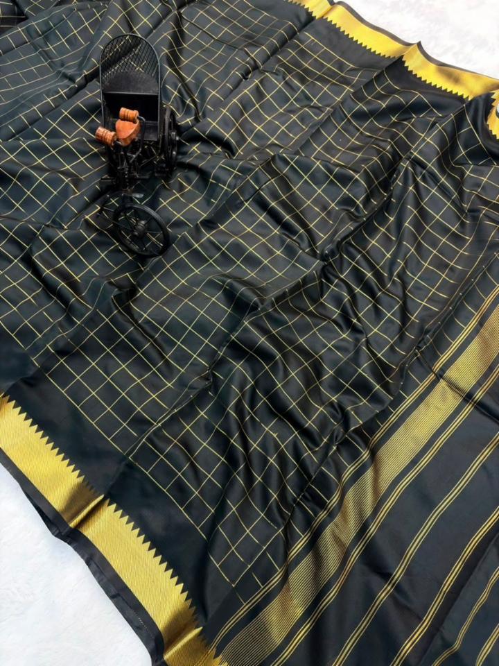 Black & Golden Designer Saree | Elegant Woven Border & Checks Design