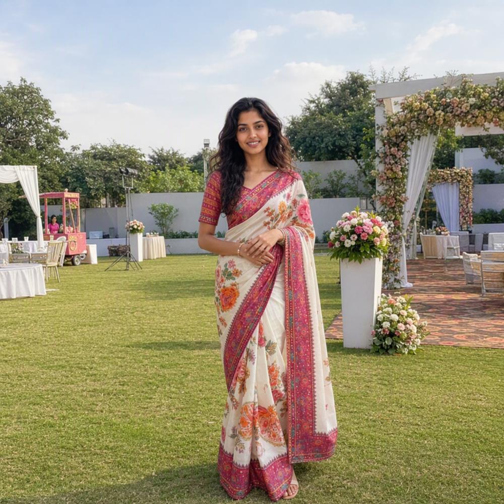 Soft Chinon Silk Digital Print Saree with Real Mirror and Gota Border