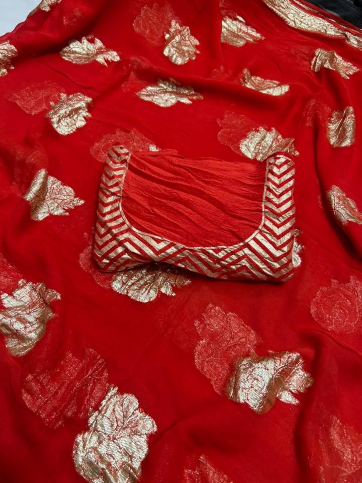 Red Georgette Zari Weaving Saree with Rose Design and Laheriya Blouse
