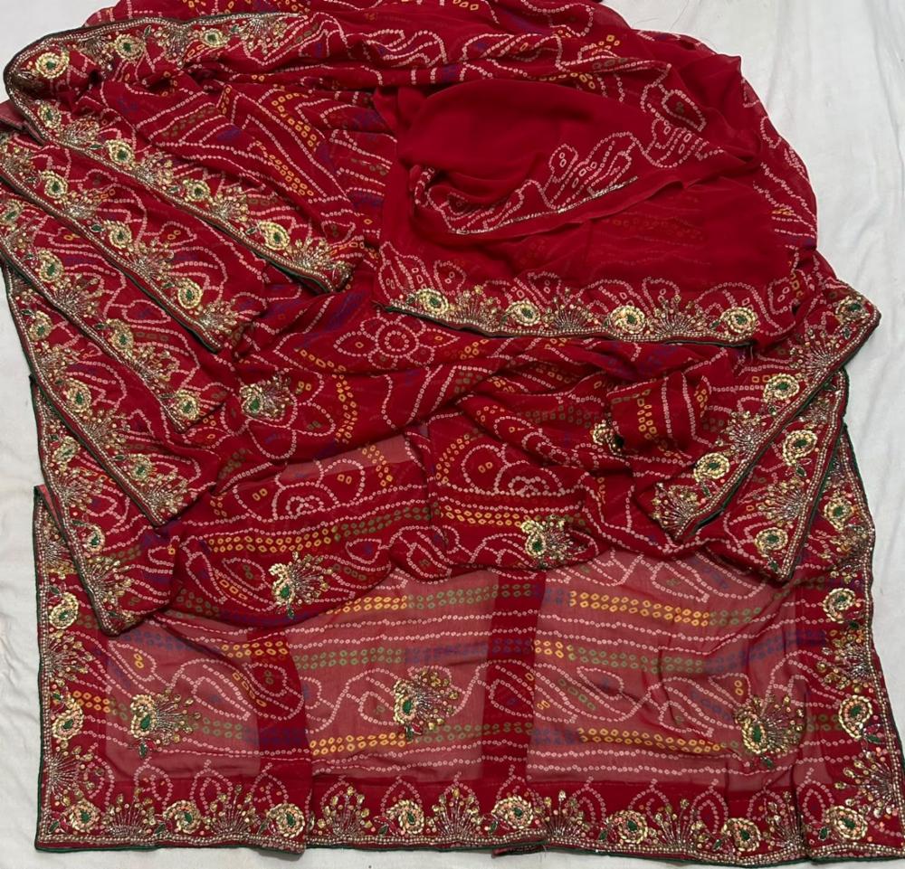 Synthetic Georgette Chunari Bandhej Handwork Saree with Heavy Handwork Border