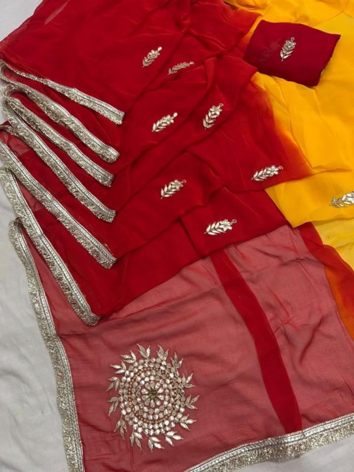 Half Pure Chiffon Multi Colour Gota Patti Handwork Saree